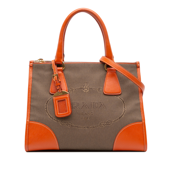 Pre-Loved Prada Saffiano Trimmed Canvas Canapa Logo Double Zip Satchel - Picture 1 of 10